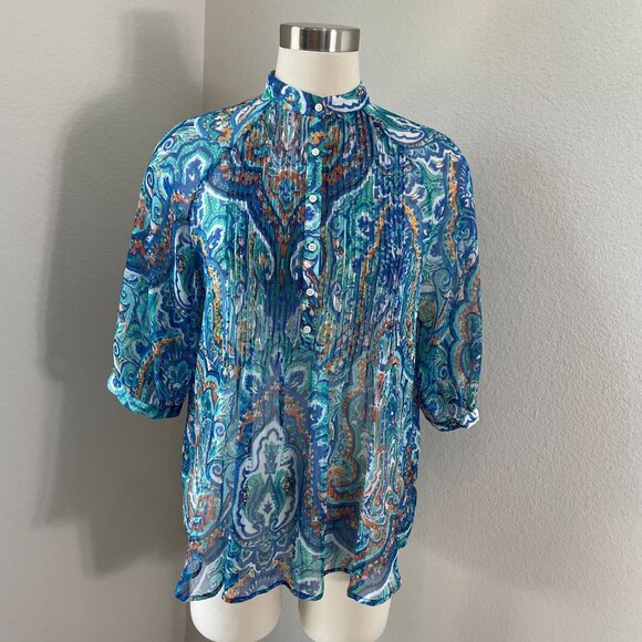 Lauren Ralph Lauren Petite Large Boho Paisley Sheer Blouse 3/4 Sleeve Shirt Top - Picture 1 of 9